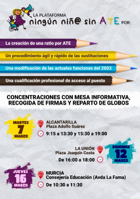 La plataforma Ningún niñ@ sin ATE realizará tres concentraciones este mes de marzo - 1, Foto 1