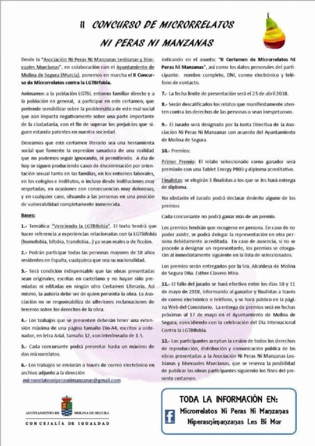 La Concejalía de Igualdad de Molina de Segura colabora en la convocatoria del II Certamen Literario de Microrrelatos Ni Peras Ni Manzanas contra la LGTBIfobia - 1, Foto 1