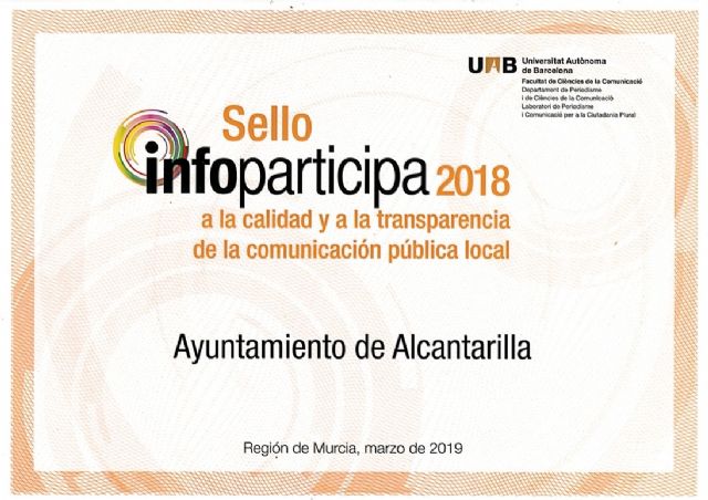 Alcantarilla renueva, por tercer año consecutivo, el SELLO INFOPARTICIPA a la transparencia de la comunicación pública local - 1, Foto 1