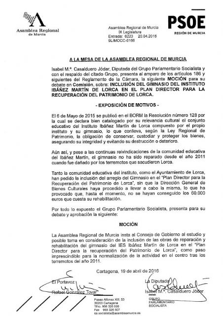 El PSOE pide a la CARM que el arreglo del gimnasio del IES Ibáñez Martín se incluya en el Plan Director - 1, Foto 1