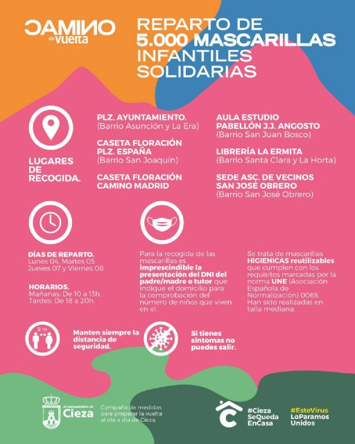 El Ayuntamiento de Cieza comienza este lunes el reparto de mascarillas infantiles solidarias - 1, Foto 1