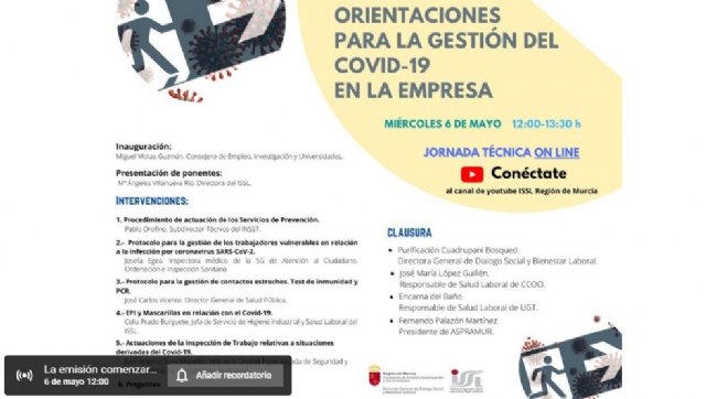 La Comunidad organiza una jornada técnica ‘online’ dirigida a empresas sobre la gestión del covid-19 en centros de trabajo - 1, Foto 1