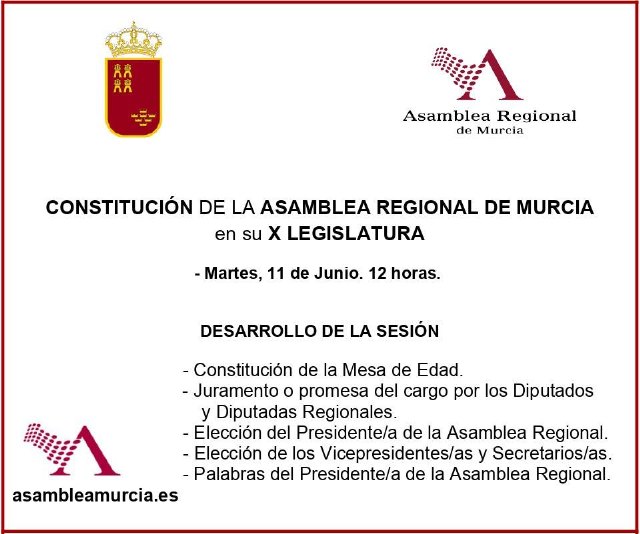 La sesión constitutiva de la Asamblea Regional en su X Legislatura se celebrará el próximo martes, 11 de junio, a las 12 horas - 1, Foto 1