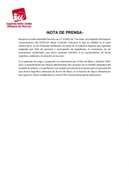 Valoracin del Pleno Ordinario del 30 de junio de 2020. IU-verdes Alhama de Murcia, Foto 2