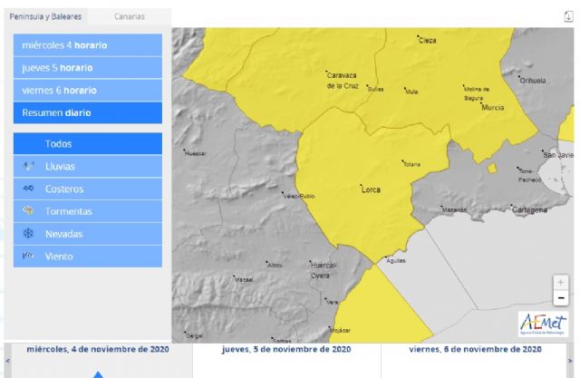 La AEMET activa el aviso amarillo por lluvias en el Valle del Guadalentín, Lorca y Águilas a partir de esta tarde - 1, Foto 1