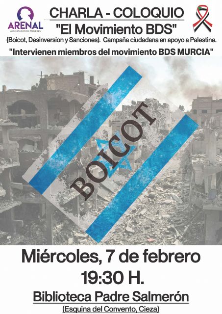 Charla-coloquio sobre el boicot a Israel, el próximo miércoles día 7 de febrero a las 19,30, en la Biblioteca Municipal Padre Salmerón, Cieza - 1, Foto 1