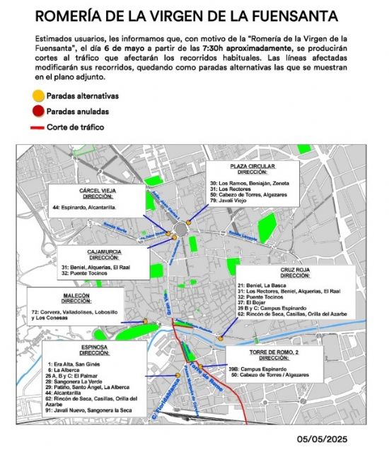 El Ayuntamiento de Murcia habilita paradas alternativas para el transporte público durante la Romería de la Fuensanta - 1, Foto 1