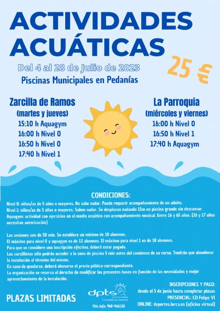 Las piscinas municipales de Zarcilla de Ramos y La Parroquia abrirán el 1 de julio y ofertarán cursos de natación y aquagym en varios niveles - 1, Foto 1