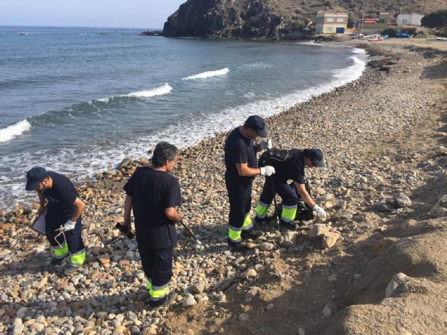 15 desempleados lorquinos pertenecientes a un curso desarrollado por el Ayuntamiento y el SEF realizan tareas de retirada de residuos en las playas de Puntas de Calnegre - 2, Foto 2