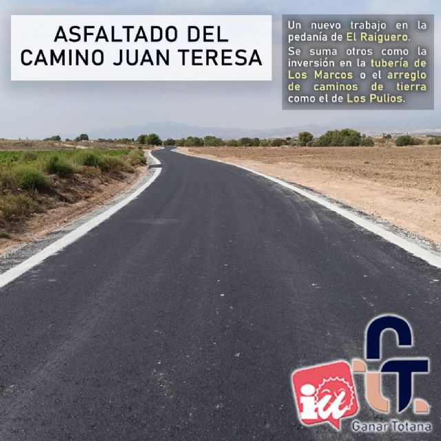 Pedro J. Sánchez (Ganar Totana): El asfaltado del Camino Juan Teresa es un ejemplo más de nuestro compromiso con mejorar los servicios de las pedanías de Totana, Foto 1