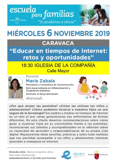 La Escuela de Familias comienza este miércoles en Caravaca con la conferencia 'Educar en tiempos de Internet: retos y oportunidades' - 1, Foto 1