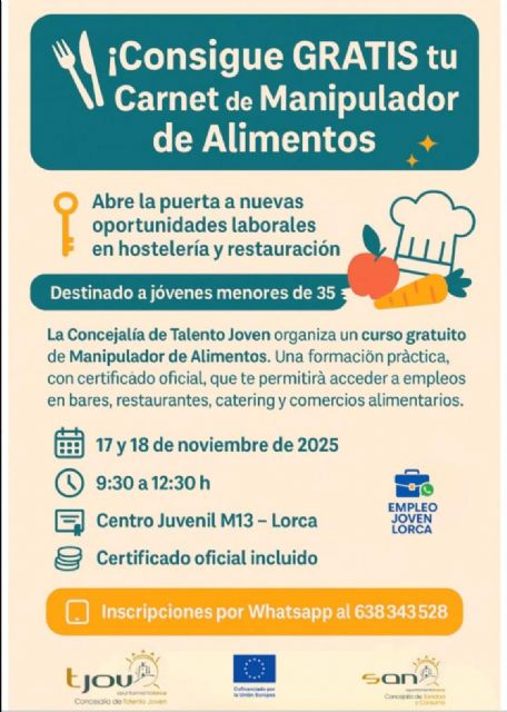 El Ayuntamiento de Lorca ofrece un curso gratuito de Manipulador de Alimentos para jóvenes menores de 35 años - 1, Foto 1