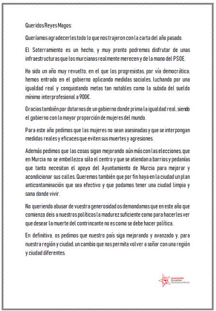 Juventudes Socialistas del Municipio de Murcia pide en su carta a los Reyes Magos un cambio para el municipio y la región - 1, Foto 1