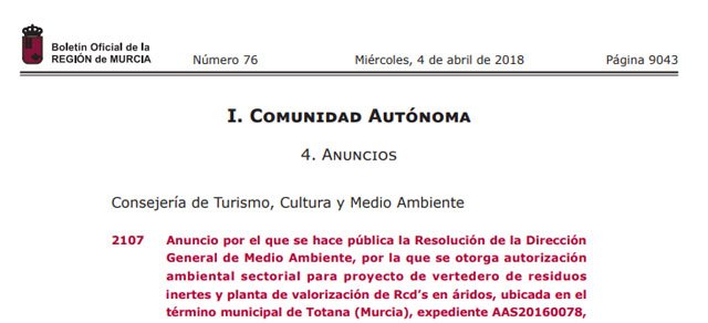 Otorgan autorización ambiental para un vertedero en Totana, Foto 1