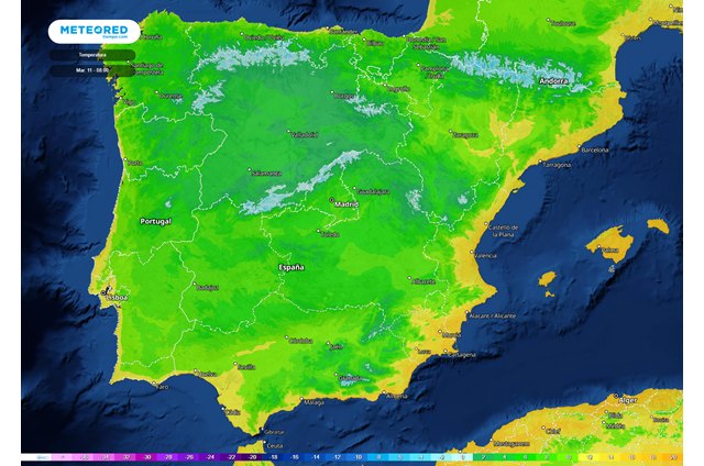 Los colores blancos y azules representan las zonas donde está previsto que hiele en la madrugada del martes., Foto 1