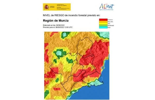 El nivel de riesgo de incendio forestal previsto para hoy lunes es extremo o muy alto en la mayor parte de la Región