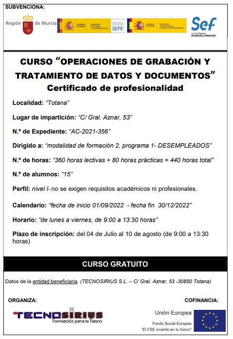 Curso gratuito “operaciones de grabación y tratamiento de datos y documentos”, Foto 2