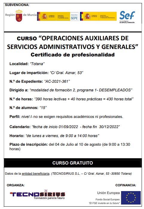 Curso gratuito “operaciones auxiliares de servicios administrativos y generales”, Foto 2
