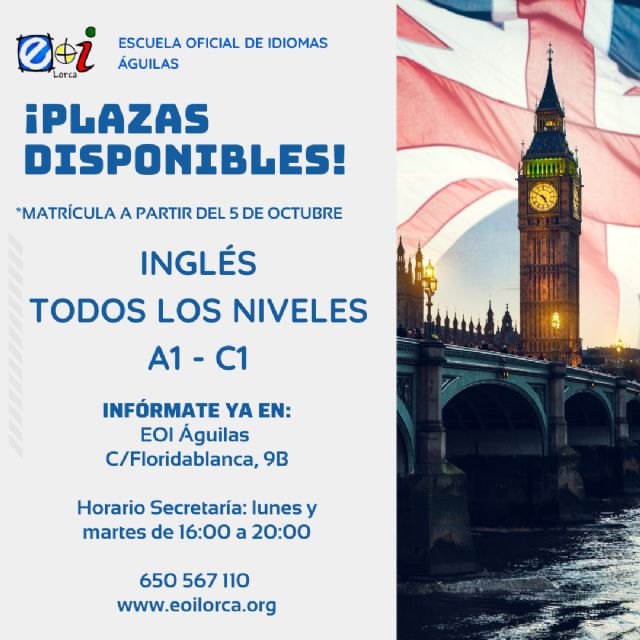 Plazas disponibles para estudiar inglés en la Escuela Oficial de Idiomas de Águilas - 1, Foto 1