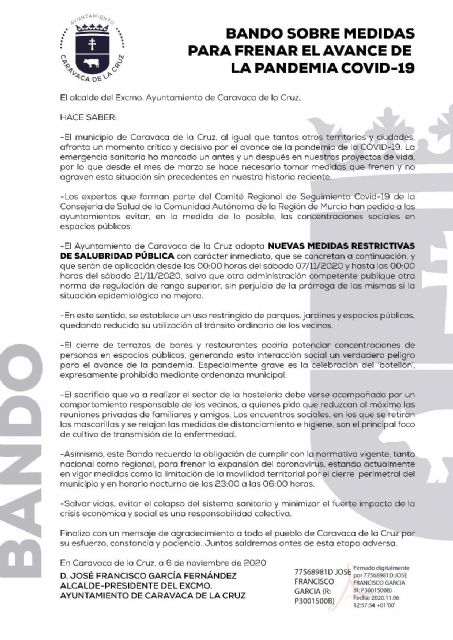 El Ayuntamiento de Caravaca emite un Bando para restringir concentraciones en parques y otros espacios públicos, atendiendo la recomendación realizada a todos los municipios por el Comité Regional de Seguimiento del COVID-19 - 1, Foto 1