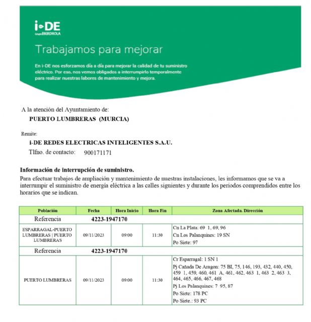 Puerto Lumbreras informa del corte del suministro eléctrico en varias calles del municipio este jueves 9 de noviembre - 1, Foto 1