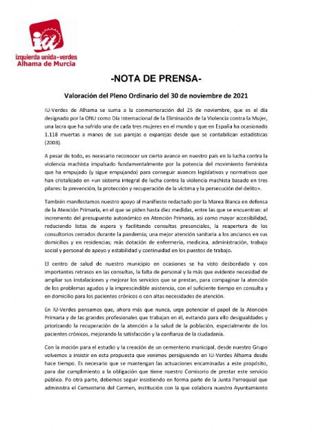 Valoración del Pleno Ordinario del 30 de noviembre de 2021. IU-verdes Alhama de Murcia, Foto 1