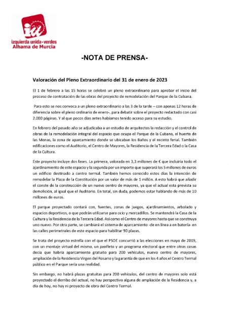 Valoracin del Pleno Extraordinario del 31 de enero de 2023. IU-verdes Alhama de Murcia, Foto 1