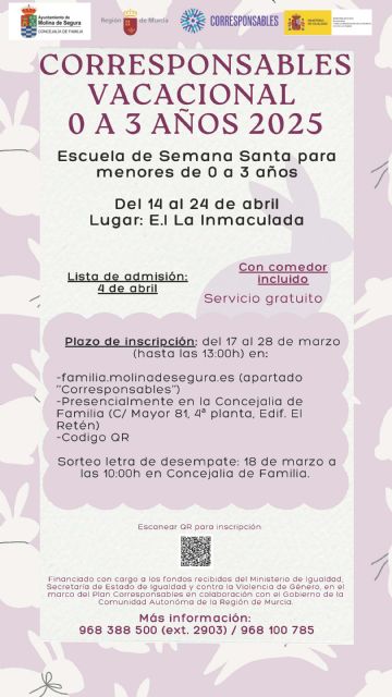 La Concejalía de Familia de Molina de Segura prestará los servicios de conciliación Corresponsables Vacacional de 0 a 3 años y Concilia Educa durante la próxima Semana Santa - 1, Foto 1