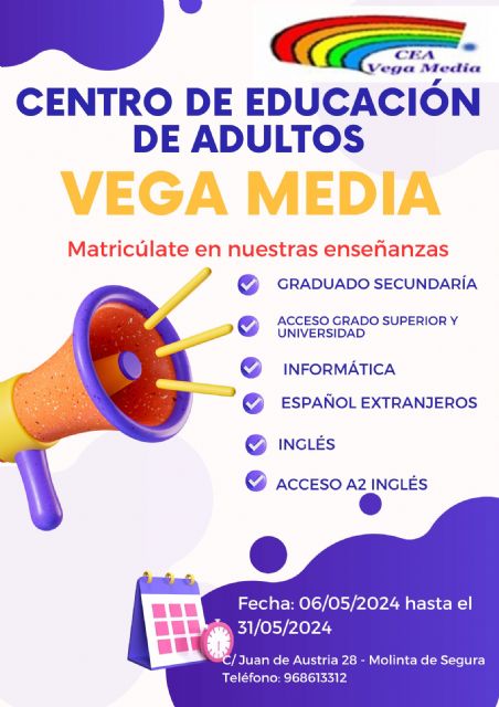 Abierto el plazo de solicitud de matrícula para el Centro de Educación de Adultos Vega Media de Molina de Segura hasta el día 31 de mayo - 1, Foto 1