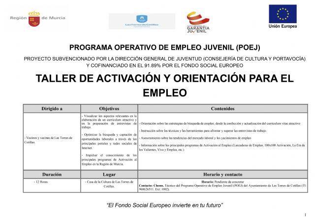 Las Torres de Cotillas propone un taller de activación y orientación para el empleo para jóvenes - 1, Foto 1