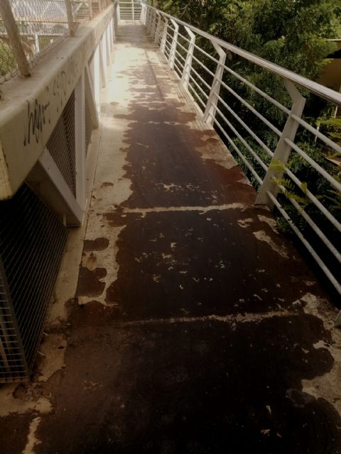 Oxidada y sucia por todas partes la pasarela peatonal sobre la vía del tren en la Avenida Diputación de Las Torres de Cotillas - 2, Foto 2