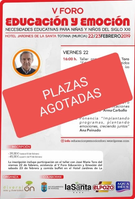 Agotadas las plazas para el V Foro Educación y Emoción que tendrá lugar durante los días 22 y 23 de febrero en Totana, Foto 1