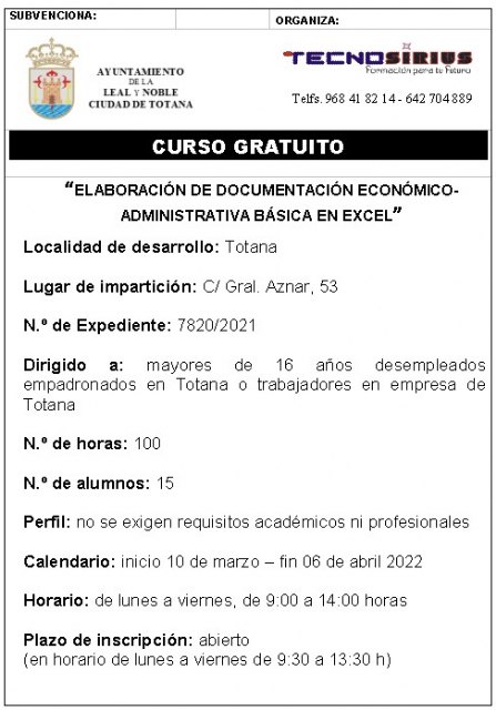 Curso gratuito de elaboración de documentación económico-administrativa básica en Excel, Foto 2