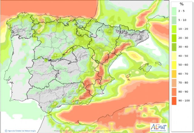 Probabilidad de rachas de viento de 70 km/h en España el sábado 10. La probabilidad es muy alta en el interior de la Región de Murcia. Fuente de la imagen: AEMET.