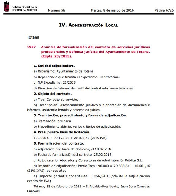 El BORM publica hoy el anuncio de formalización del contrato de servicios jurídicos profesionales y defensa jurídica del Ayuntamiento de Totana, Foto 1