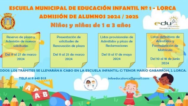 Abierto el plazo de admisión para alumnos de Primer Ciclo de Educación Infantil en la Escuela Municipal N°1 de Lorca - 1, Foto 1