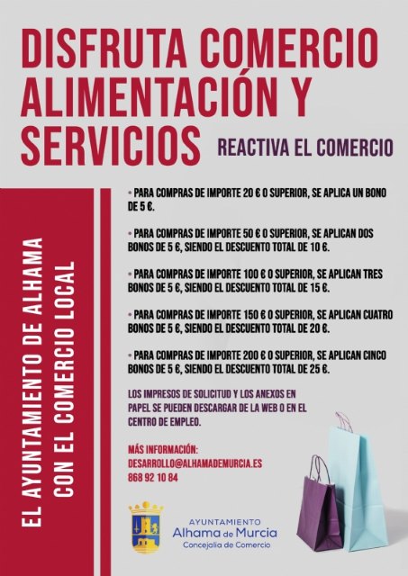 El Ayuntamiento lanza nuevos bonos descuento para los establecimientos de comercio, alimentacin y servicios de Alhama, Foto 1
