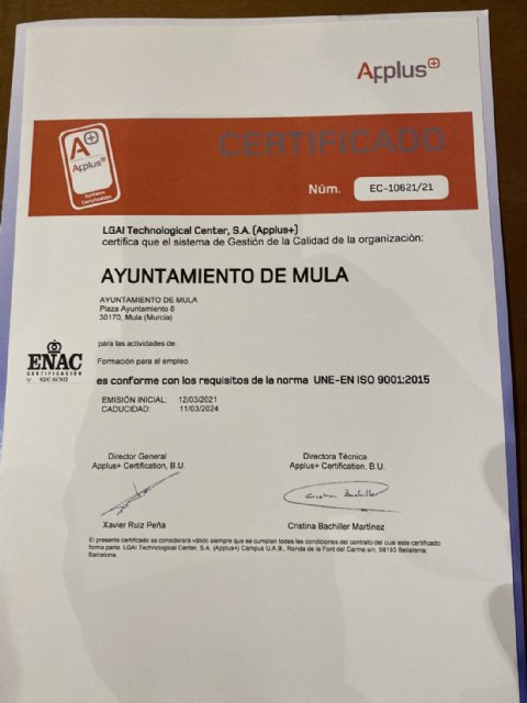 El Ayuntamiento de Mula recibe la acreditación ISO 9001 de Calidad de Formación - 1, Foto 1