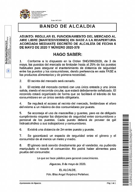 Bando de Alcaldía sobre reapertura de mercados al aire libre - 1, Foto 1