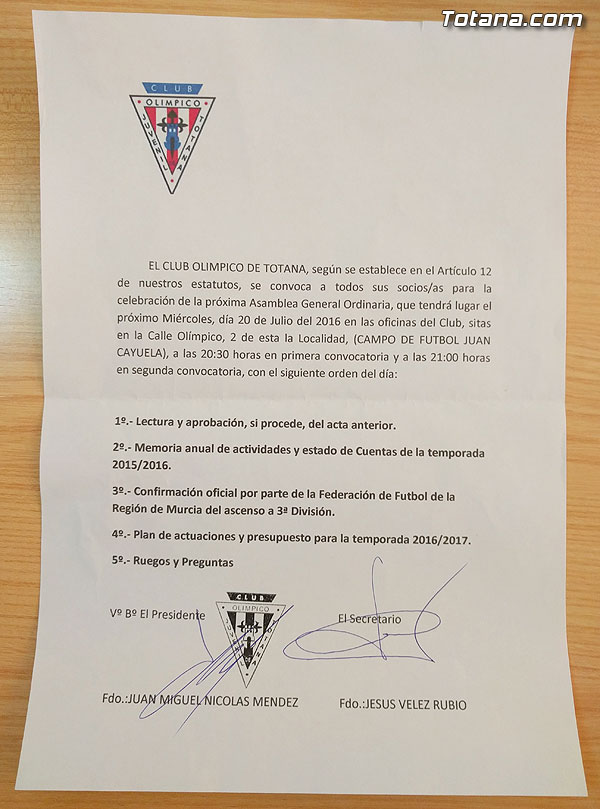 El Olímpico de Totana celebrará una Asamblea General el próximo miércoles 20 de julio, Foto 1