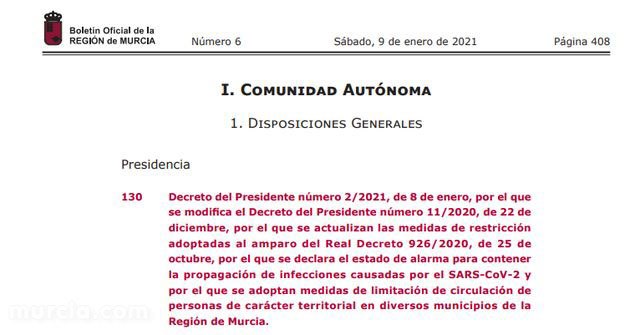 El BORM publica las medidas de limitación de circulación de personas de carácter territorial en diversos municipios de la Región de Murcia, Foto 1