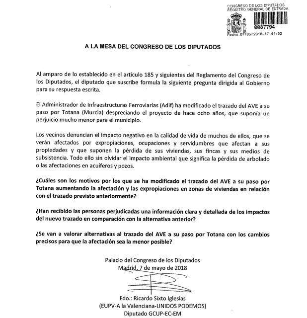 El diputado de IU en el Parlamento, Ricardo Sixto, interpela al Gobierno de la Nación por el cambio del Trazado del AVE a su paso por Totana - 5, Foto 5