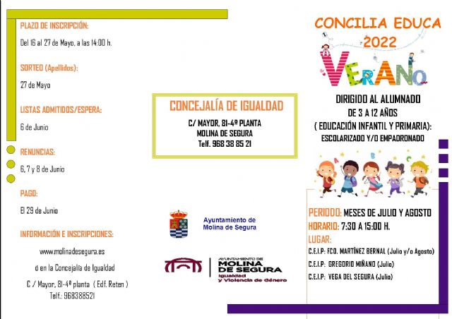 La Concejalía de Igualdad de Molina de Segura abre el plazo de inscripción para el Servicio Concilia Educa VERANO 2022 - 1, Foto 1