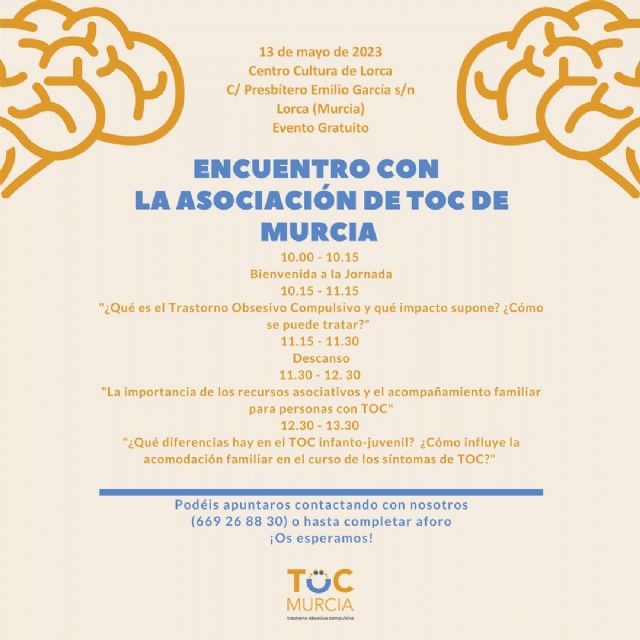 La Asociación de Trastorno Obsesivo Compulsivo (TOC) de Murcia ha organizado un encuentro con este colectivo para este próximo sábado, 13 de mayo, en el Centro Cultural - 1, Foto 1