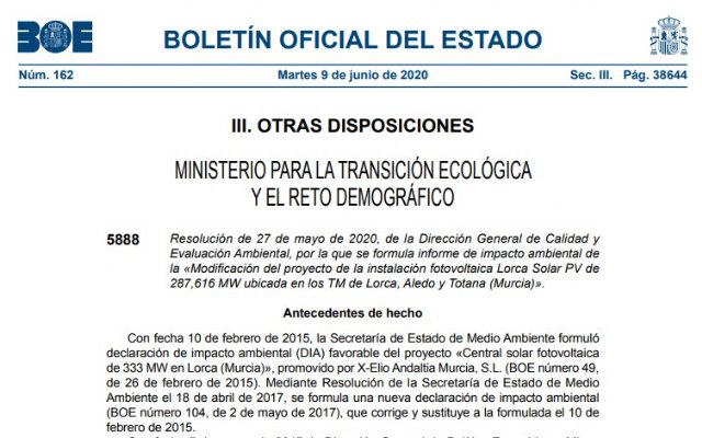 El BOE publica el informe de impacto ambiental de la Modificación del proyecto de la instalación fotovoltaica Lorca Solar PV, Foto 2