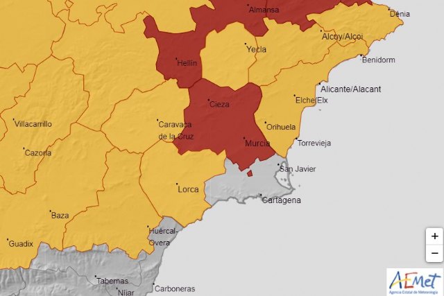 Nivel rojo y naranja por temperaturas máximas para mañana en la Región de Murcia