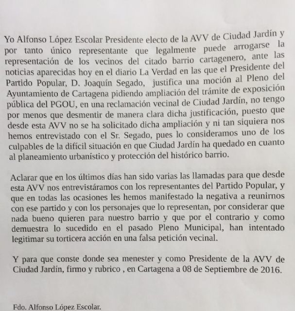 El presidente de la Asociación de Vecinos de Ciudad Jardín desmiente al 'líder'del PP local, Joaquín Segado - 1, Foto 1