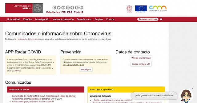 La página web con información práctica del coronavirus de la Universidad de Murcia suma más de 175.000 visitas - 1, Foto 1