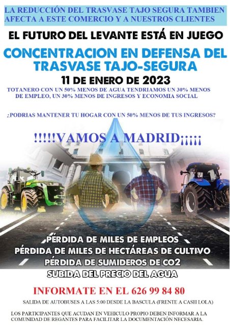El Ayuntamiento y la Comunidad de Regantes convocan a la ciudadanía a participar en la concentración que tendrá lugar mañana en Madrid en defensa del trasvase Tajo-Segura, Foto 3