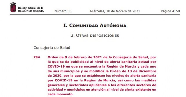 Nivel de alerta sanitaria actual por COVID-19 en que se encuentra la Región de Murcia y cada uno de sus municipios, Foto 2